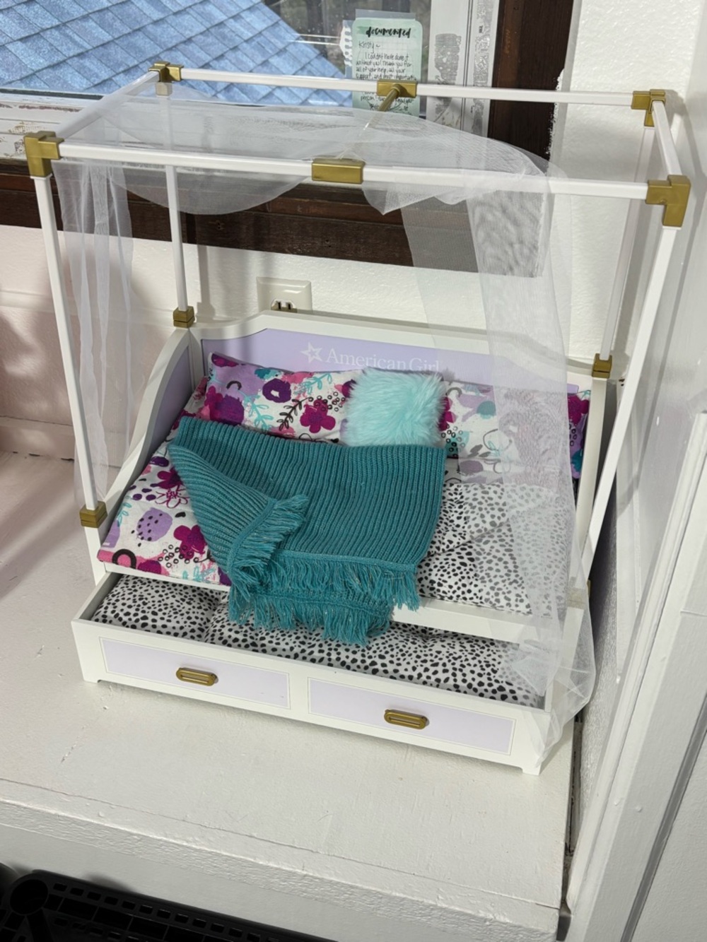 American Girl White Canopy Doll Bed with Teal Throw and Floral Accents